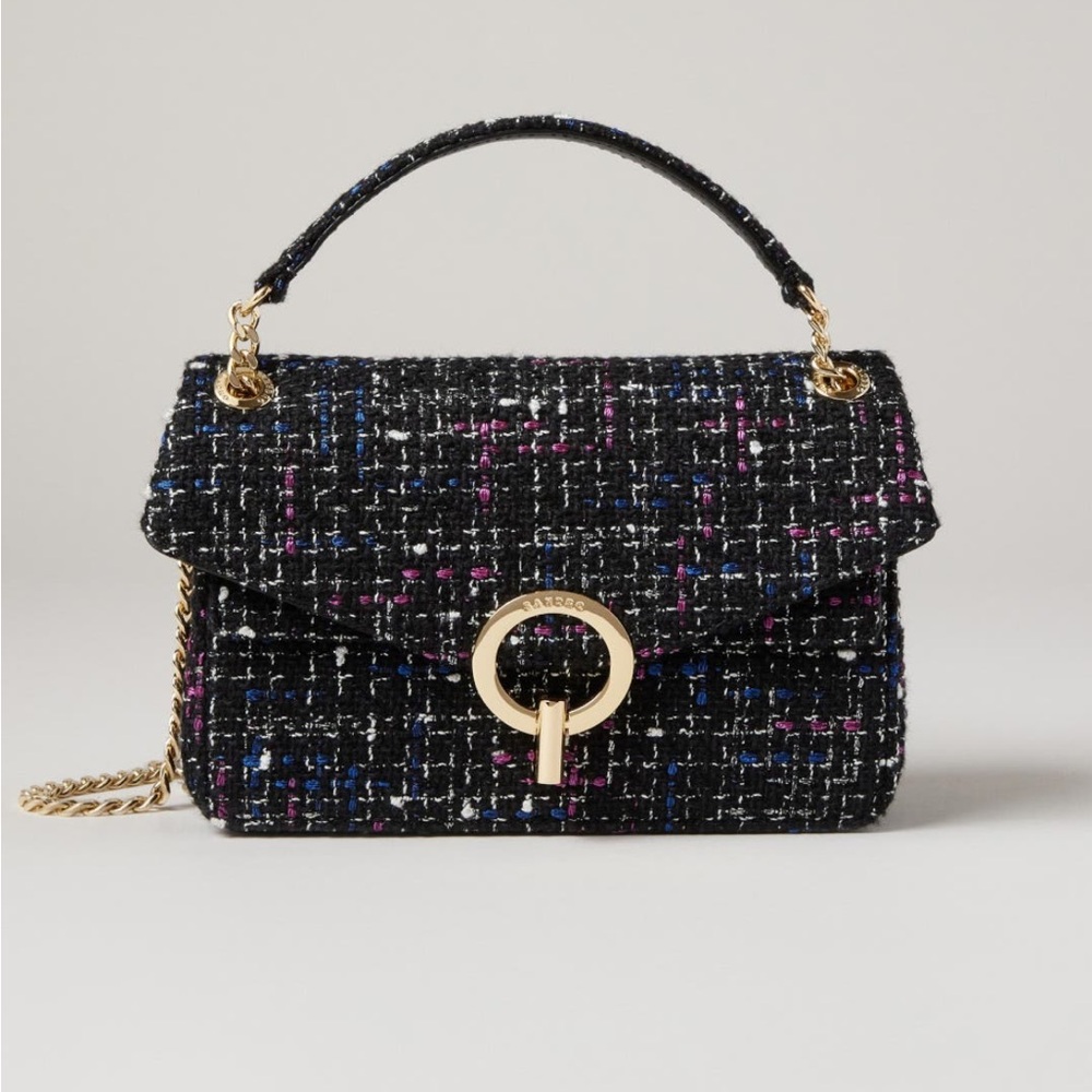 Sandro Black Tweed Top-Handle Shoulder Bag with Gold Ring Accent